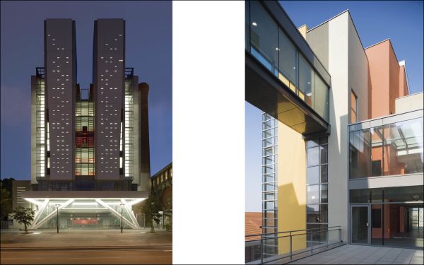 Modern high rise building under blue sky, FREDERIC BOREL in red font down right edge.