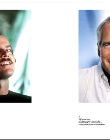 Marilyn Monroe in playful pose, laying beneath a white sheet on bed, Douglas Kirkland in black font to upper left.