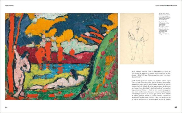 Beige sheet of paper with watercolour paint marks and sketches on white cover, Becoming Matisse in coral font above