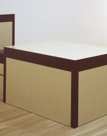 Close up collection of orange string fibres, RICHARD ARTSCHWAGER in black font above.