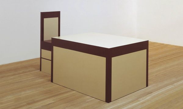 Close up collection of orange string fibres, RICHARD ARTSCHWAGER in black font above.