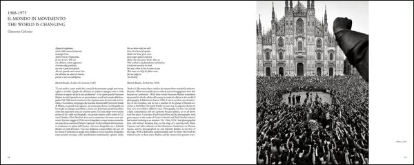 Urban landscape with road, train track, high rise buildings and machine cranes, FRANCESCO RADINO fotographie/photographs 1968-2018 in green font above.