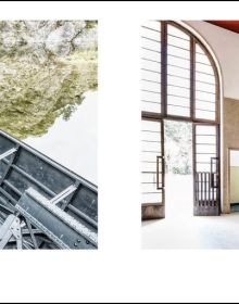 Urban landscape with road, train track, high rise buildings and machine cranes, FRANCESCO RADINO fotographie/photographs 1968-2018 in green font above.