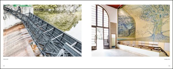 Urban landscape with road, train track, high rise buildings and machine cranes, FRANCESCO RADINO fotographie/photographs 1968-2018 in green font above.