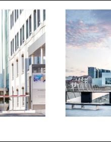 Urban landscape with road, train track, high rise buildings and machine cranes, FRANCESCO RADINO fotographie/photographs 1968-2018 in green font above.