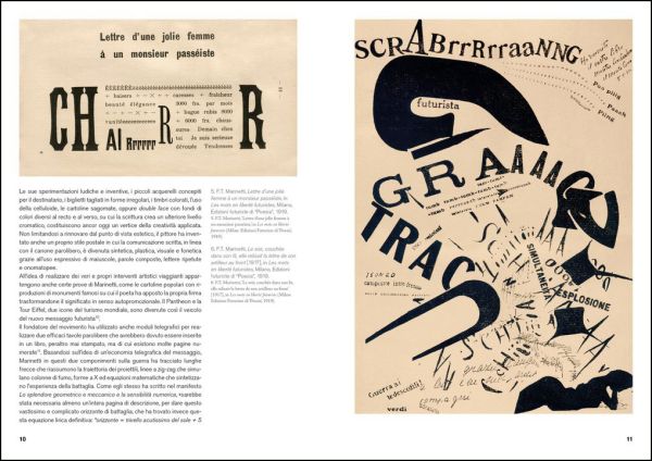 Red and black graphic of old Bentley style racing car on white cover, blue postage stamp to top right, FUTURISMO POSTALE in red font to upper left.