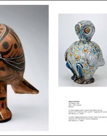 The four season ceramic vase by Pablo Picasso with back of nude female figure on front, grey cover, PICASSO The challenge of ceramics in orange and white font to centre left.