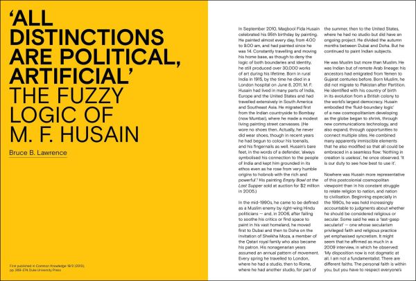 Bright Cubist style painting of horses rearing up, M.F. HUSAIN HORSES OF THE SUN in black font on yellow banner above.