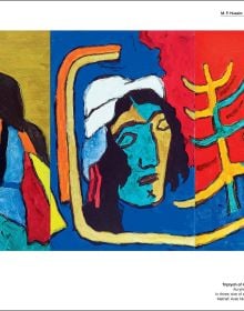 Bright Cubist style painting of horses rearing up, M.F. HUSAIN HORSES OF THE SUN in black font on yellow banner above.
