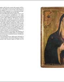 Section of Renaissance painting of hands of woman holding pink rose, on terracotta pink cover, Taddeo di Bartolo in black font above.