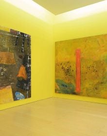 Mangiafuoco, 1979 by Pier Paolo Calzolari, man breathing fire into red canvas, Pier Paolo Calzolari Painting as a Butterfly in white font above.