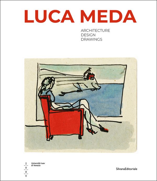 Book cover of Luca Meda: Architect and Designer; featuring a drawing of a figure sitting in red chair, gazing at a painting on the wall. Published by Silvana