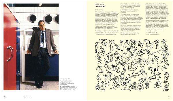 Beige cover with coloured ink sketch of interior space with red sofa and raised cube enclosure