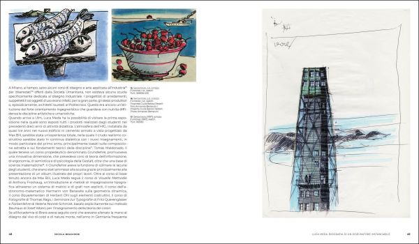 Beige cover with coloured ink sketch of interior space with red sofa and raised cube enclosure