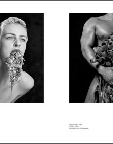 Book cover of Erwin Olaf, with a portrait photograph titled The Niece, Palm Springs, 2018, with girl sitting on green sofa holding glass of milk. Published by Silvana