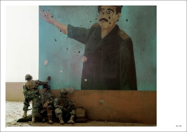 Surrealist painting of man being swallowed by large fish in blue sea, PAOLO VENTURA PHOTOGRAPHS AND DRAWINGS in red font above.