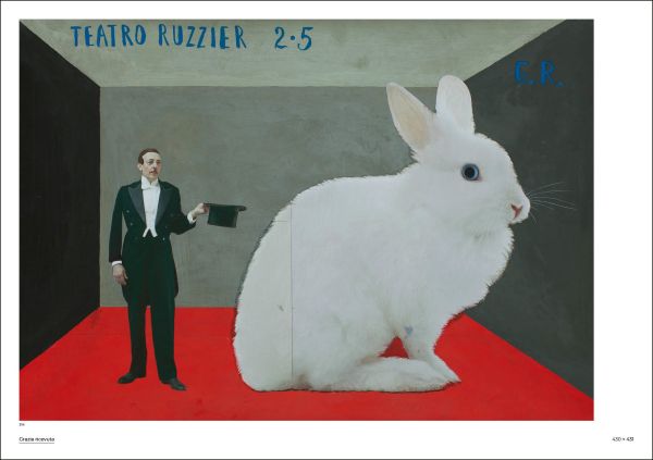 Surrealist painting of man being swallowed by large fish in blue sea, PAOLO VENTURA PHOTOGRAPHS AND DRAWINGS in red font above.