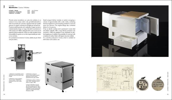 White cover with 3 plastic drawer trolleys in orange, red and white with Joe Colombo in black font above