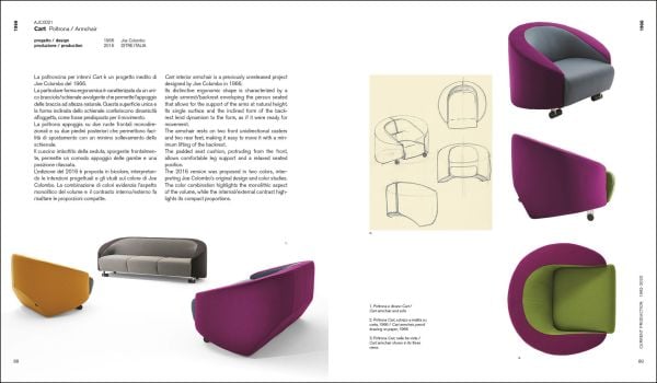 White cover with 3 plastic drawer trolleys in orange, red and white with Joe Colombo in black font above