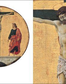 Portion of polyptych, Santa Lucia by Francesco del Cossa, THE GRIFFONI POLYPTYCH in white font to upper right.
