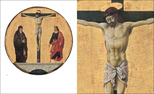 Portion of polyptych, Santa Lucia by Francesco del Cossa, THE GRIFFONI POLYPTYCH in white font to upper right.