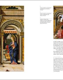 Portion of polyptych, Santa Lucia by Francesco del Cossa, THE GRIFFONI POLYPTYCH in white font to upper right.