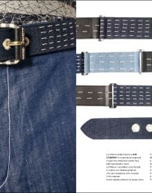 Close up shot of left lapel and collar of blue and black denim jacket, Blue Tailoring Stefano Chassai in white and blue font to left edge.
