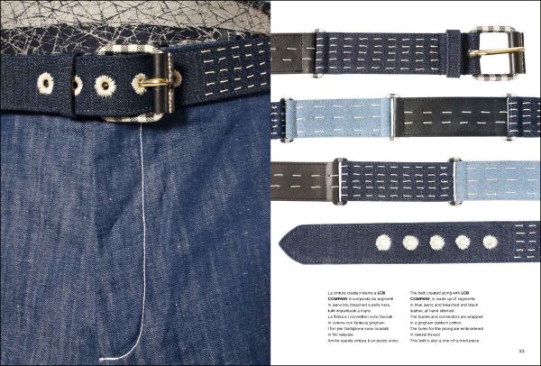 Close up shot of left lapel and collar of blue and black denim jacket, Blue Tailoring Stefano Chassai in white and blue font to left edge.