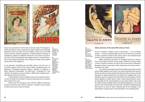 Collection of perfume bottles, on white cover, The Handbook of Great Italian Perfumery in black font above.