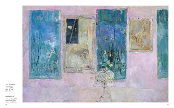 Bright green interior abstract painting with 2 large yellow ornate frames on wall