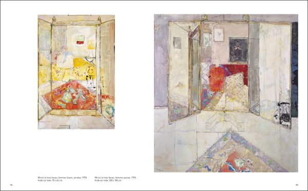 Bright green interior abstract painting with 2 large yellow ornate frames on wall