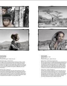 Two small children, one seated on table and one peering over, in grey woollen clothes and white cap with Phil Borges in white font above