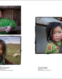 Two small children, one seated on table and one peering over, in grey woollen clothes and white cap with Phil Borges in white font above