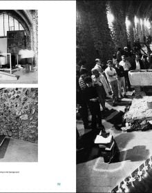 Blue filter photo of interior museum with Germano Celant The Story of (my) Exhibitions in blue and white font