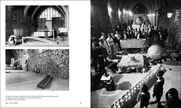 Blue filter photo of interior museum with Germano Celant The Story of (my) Exhibitions in blue and white font