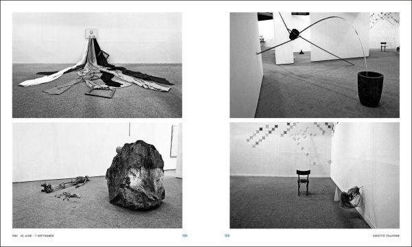 Blue filter photo of interior museum with Germano Celant The Story of (my) Exhibitions in blue and white font