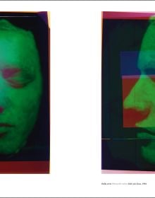 Blurred, grainy black and white photo of 2 faces touching, with eyes closed and Paolo Gioli in yellow font above