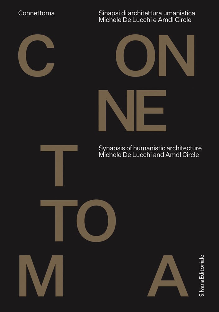 Connettoma in bronze capital letters spaced out, on black cover, Synapsis of Humanistic Architecture in small white font