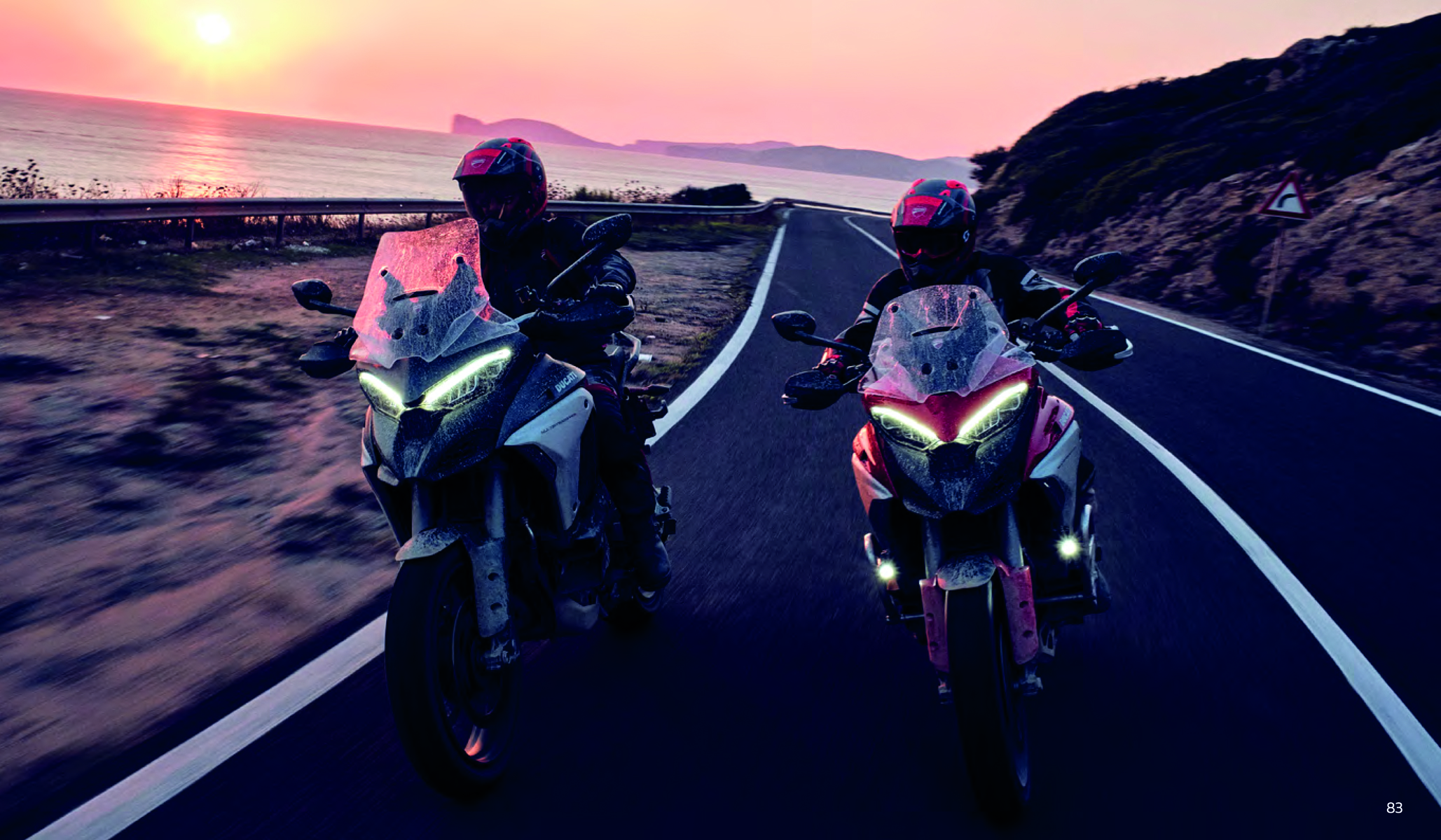 2 Ducati motorcycles travelling on Italian mountain road with Ducati Rule All Roads A Journey across the Italian Beauty on the Multistrada V4 in red and black font above