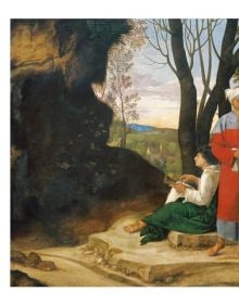 Book cover of Giorgione, featuring a painting titled 'Portrait of Warrior with his Equerry'. Published by Silvana.