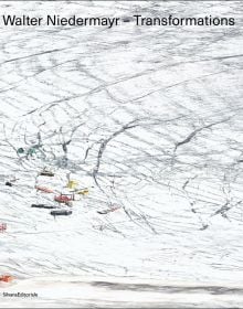 Land covered in cracked snow and ice with small boats and ships floundering on surface with Walter Niedermayr - Transformations in black font above
