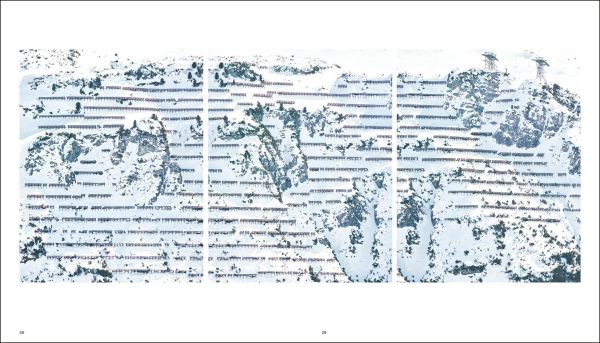 Land covered in cracked snow and ice with small boats and ships floundering on surface with Walter Niedermayr - Transformations in black font above