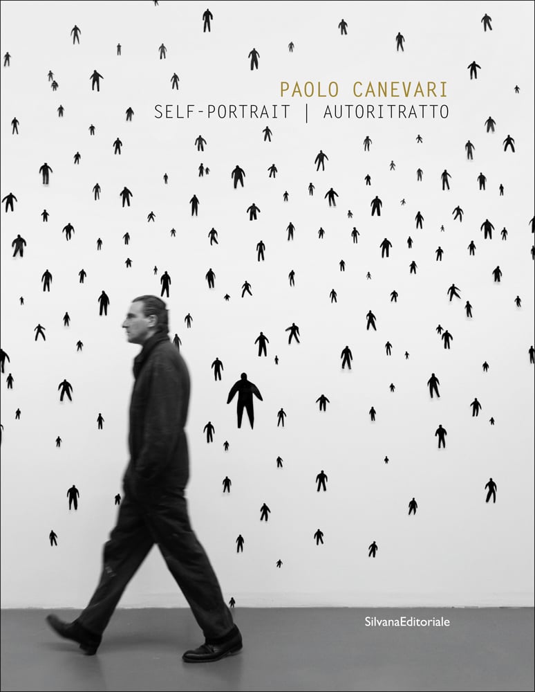 Book cover of Paolo Canevari: Self-Portrait; featuring an exhibition wall covered with small black figures with man in dark clothes walking past. Published by Silvana.