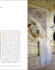 Book cover of Paolo Canevari: Self-Portrait; featuring an exhibition wall covered with small black figures with man in dark clothes walking past. Published by Silvana.