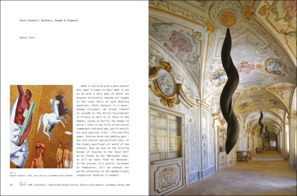 Book cover of Paolo Canevari: Self-Portrait; featuring an exhibition wall covered with small black figures with man in dark clothes walking past. Published by Silvana.