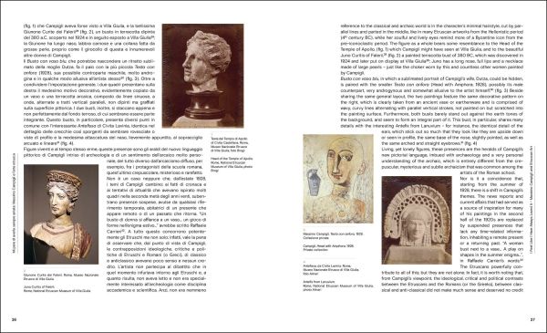 Book cover of Campigli and the Etruscans: A Pagan Happiness; featuring an exhibition interior with carved sculpture sliced in two with painting of figure in black skirt on wall behind. Published by Silvana.