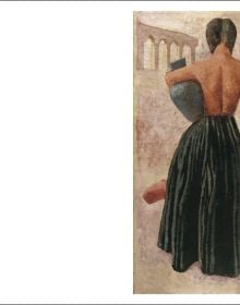 Book cover of Campigli and the Etruscans: A Pagan Happiness; featuring an exhibition interior with carved sculpture sliced in two with painting of figure in black skirt on wall behind. Published by Silvana.