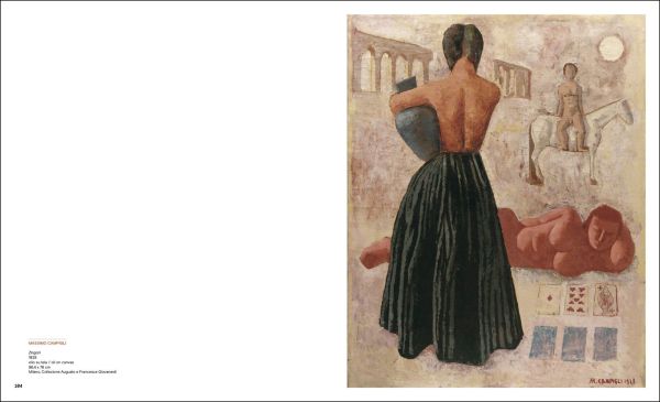 Book cover of Campigli and the Etruscans: A Pagan Happiness; featuring an exhibition interior with carved sculpture sliced in two with painting of figure in black skirt on wall behind. Published by Silvana.