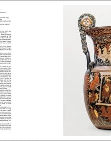 Book cover of Campigli and the Etruscans: A Pagan Happiness; featuring an exhibition interior with carved sculpture sliced in two with painting of figure in black skirt on wall behind. Published by Silvana.