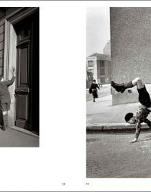 Black and white photo of child by side of road leaning forward to look at water running down road with Robert Doisneau in white font